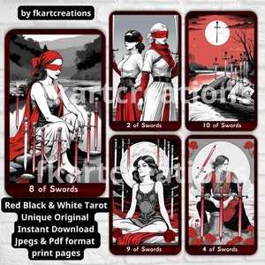 78 Karten Vintage Tarot Karten Set zum ausdrucken Sofort Download Rot Schwarz & Weiss Tarot Karten Druck zu Hause