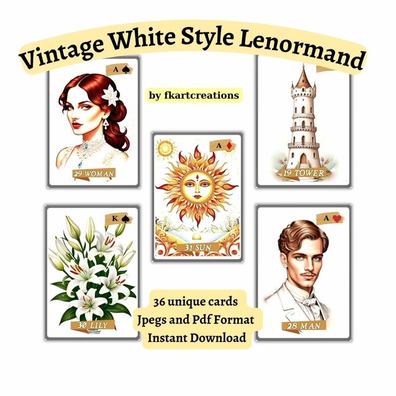Pu&ograve; includere: Carte da gioco di stile Lenormand bianco vintage con illustrazioni di una donna, una torre, un sole, un giglio e un uomo. Le carte sono etichettate con i loro numeri e nomi corrispondenti. Il testo "36 carte uniche Jpegs e Pdf Format Download immediato" &egrave; anche incluso.
