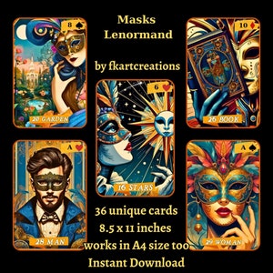 Jeu de Lenormand, masques de carnaval vintage imprimables Téléchargement instantané PDF et JPEG Esthétique surréaliste Impression à la maison Oracles Scethces lumineux uniques