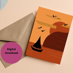 Download digital cartão de felicitações barco e mar exclusivo modelo de arte desenhado à mão envelope impressão faça você mesmo em casa cores mínimas pastel marrom