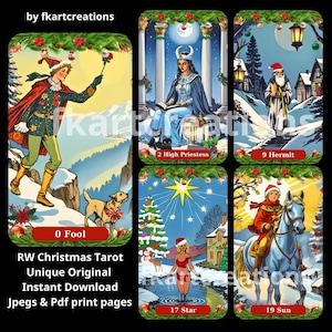 Baraja de tarot navideña imprimible de descarga instantánea inspirada en el tarot Rider Waite, 78 cartas, plantilla para armar, caja y cubiertas, PDF/Jpegs, lectores de tarot