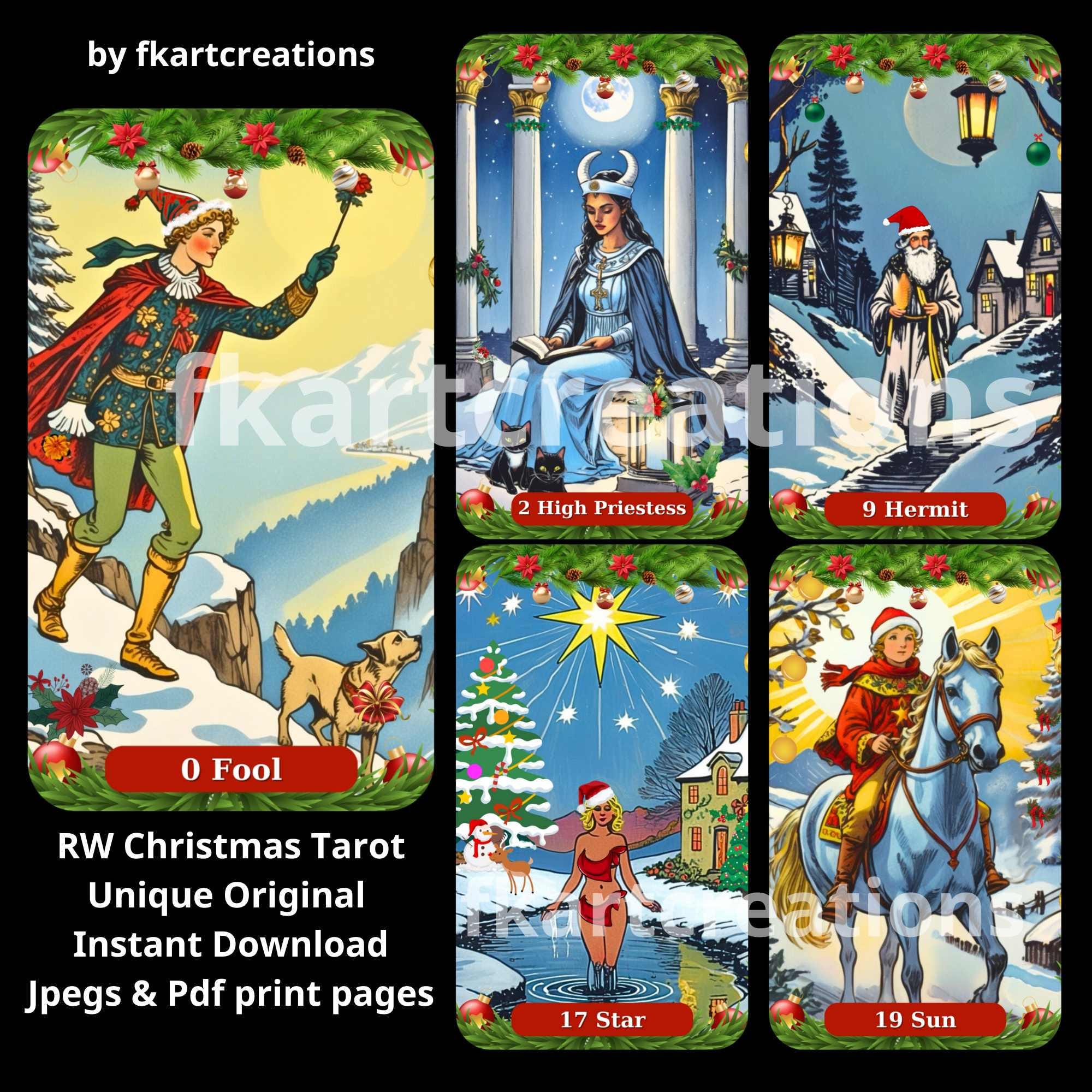 Instant Download Christmas Tarot Deck Printable Inspired from Rider Waite Tarot 78 Cards DIY Template  Box & Covers PDF|Jpegs Tarot Readers