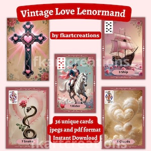 Vintage Love Lenormand-deck | Romantisch dromerig orakel | 36 afdrukbare waarzeggerijkaarten | Pastelkleurige esthetische waarzeggerij | Direct downloaden