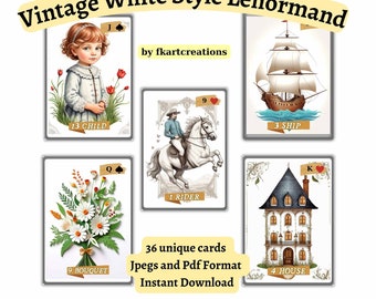 Può includere: Carte di Lenormand in stile vintage con illustrazioni di un bambino, un cavaliere a cavallo, una nave, un mazzo di fiori e una casa. Le carte sono su uno sfondo bianco con un bordo giallo. Il testo "36 carte uniche Jpegs e Pdf Format Download immediato" è al centro dell'immagine.