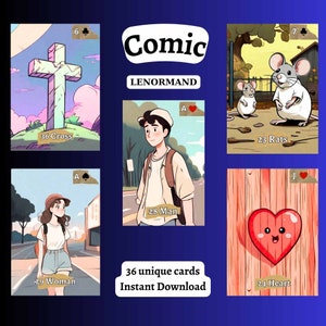 Direct downloaden, een speels avontuur! Discover My Comic Lenormand-deck, thuis afdrukken, originele unieke kaarten, doe-het-zelf, esthetiek cartoon, orakels