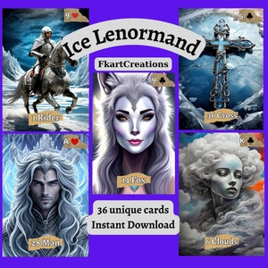 Natychmiastowe pobranie talii do druku, wkrocz do mroźnej fantazji: Przedstawiamy Lenormand Ice, drukuj w domu, zrób to sam, wyrocznie, czytniki Lenormand