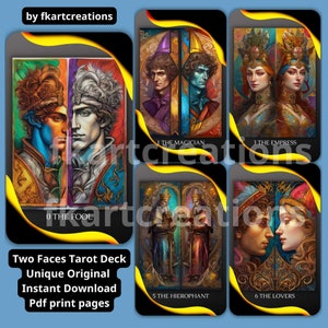 Cartes de tarot imprimables Le tarot des deux visages mis à jour édition 2024 Téléchargement instantané Style Art Renaissance Modèle de jeu de cartes unique Boîte lecteurs de tarot