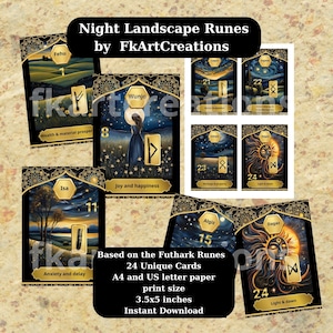 Descarga instantánea de una baraja de cartas de arte rúnico única: ¡explora las runas del paisaje nocturno de FkArtCreations! Imprima en casa, Guía divina de runas, Tarjetas de bricolaje