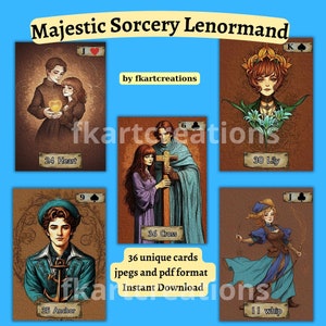 Natychmiastowe pobranie Majestic Sorcery Lenormand Deck Printable 36 Card Vintage Surreal Set With Template Box & Covers Oracles DIY Print at Home