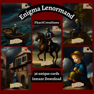 Direct downloaden Afdrukbare kaarten: Enigma Een uniek Lenormand-deck Thuis afdrukken, orakels, doe-kaarten, perfect cadeau voor Lenormand-lezers, donkere kunst
