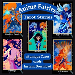 Jeu de tarot unique imprimable, histoires de tarot de fées inspirées de l'anime, téléchargement immédiat, impression à la maison, inspiration magique, lecteurs de tarot, boîte à modèles