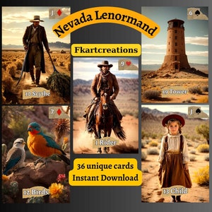 Kaarten direct downloaden, Nevada Vintage Lenormand-deck: artistieke 18e-eeuwse waarzeggerij, fotorealisme, fantastische foto's, uniek, thuis afdrukken