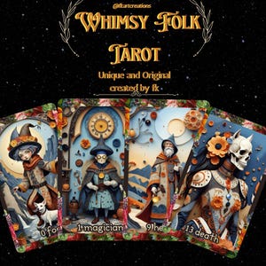 Baralho Whimsy Folk Tarot – 78 Cartas Imprimíveis Estilo Folk Art Texturizado & Paper Cut + JPEG + PDF Molde Caixa – Download Instantâneo