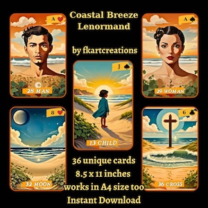 Download digital,Cartões para impressão instantânea: Coastal Breeze Lenormand,Uma experiência de arte muda na praia,Imprimir em casa,Cartões DIY,Oráculo,Leitores de tarô