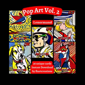 Karty do natychmiastowego pobrania, Pop art Vol.2, Karty Lenormand do druku, Unikalne szkice, Kolorowa sztuka, Wyraziste linie, Żywe kropki, Dynamiczne kompozycje, Zrób to sam