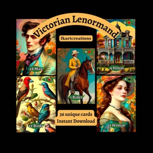 Descarga instantánea de baraja imprimible, Lenormand victoriano celestial: un viaje a través del tiempo y el arte, impresión en casa, tarjetas de bricolaje, oráculos