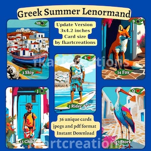 Direct downloaden, Griekse zomer in de Cycladen Lenormand-deck 36 kaarten, afdrukbaar, 3 x 4,2 inch, artistiek, thuis afdrukken, doe-het-zelf, Oracle, tarotlezers