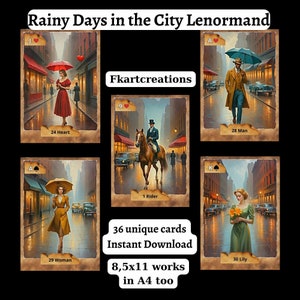 Lenormand Téléchargement instantané Les jours de pluie en ville,À imprimer à la maison,Unique,Esthétique romantique et vintage,Lecteurs de tarot Lenormand,Oracles,Bricolage