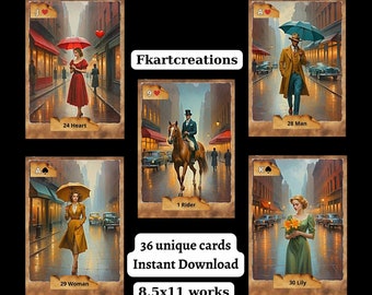 Op de afbeelding: Een set van 36 Lenormand-kaarten met illustraties van mensen en objecten in een stedelijke omgeving. De kaarten zijn in vintage stijl met een bruine achtergrond en een witte rand. De kaarten zijn getiteld "Rainy Days in the City Lenormand" en bevatten de tekst "Fkartcreations". De kaarten zijn 8,5x11 inch en kunnen op A4-papier worden afgedrukt.