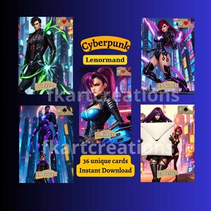 Direct downloaden Print deze unieke cyberpunk Lenormand-kaarten thuis: omarm de magie van de toekomst! Zelfgemaakte pagina's, afdrukbare pagina's, cyberpunkfantasie