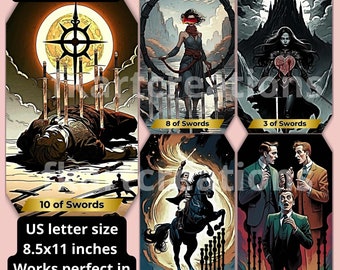 Può includere: Un set di dieci carte dei tarocchi con illustrazioni di spade e persone. Le carte sono stampate su uno sfondo bianco con accenti dorati. Le carte misurano 8,5 pollici per 11 pollici e sono perfette per l'uso con un mazzo di tarocchi standard.