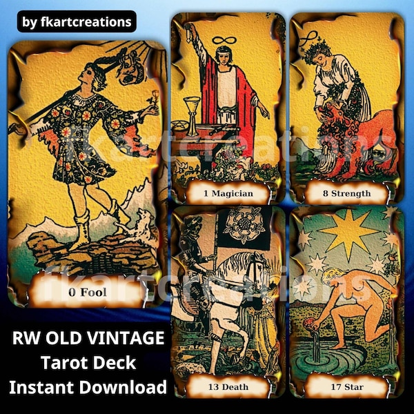 Vintage Inspired Tarot Deck Instant Download Printable Rider Waite Smith Cards with Antique Papyrus Texture & Box Template,Oracles,Diy