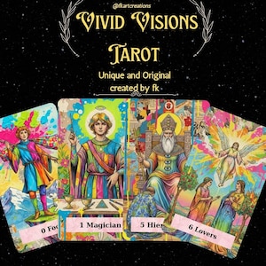 May include: A set of tarot cards with colorful illustrations. The cards feature figures with vibrant clothing and backgrounds. The text on the cards includes "VIVID VISIONS TAROT", "0 Foo", "1 Magician", "5 Hier", and "6 Lovers". The cards are unique and original.
