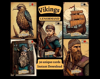 Puede incluir: Un juego de 36 cartas de Lenormand únicas con imágenes vikingas. Las cartas están ilustradas con dibujos detallados de un barco, un niño, un hombre, un libro y pájaros. Las cartas están etiquetadas con sus números y palos correspondientes.