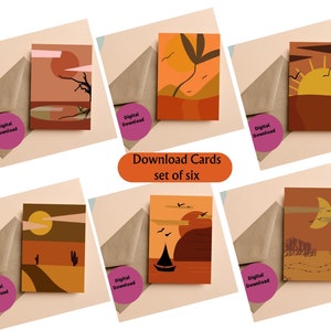 Afdrukbare set van zes, unieke kunst, wenskaart, digitale download boho-stijl, woestijn, meer, bloem, zon, thuis afdrukken, doe-het-zelf, envelopsjabloon