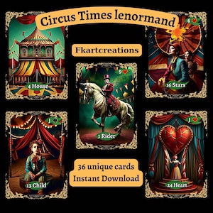 Sofortiger Download Karten The Circus Times Lenormand Deck: Digital Art von 36 Karten A4 Orakel, Zirkus Vintage Ästhetik, Print at Home,Tarot Liebe