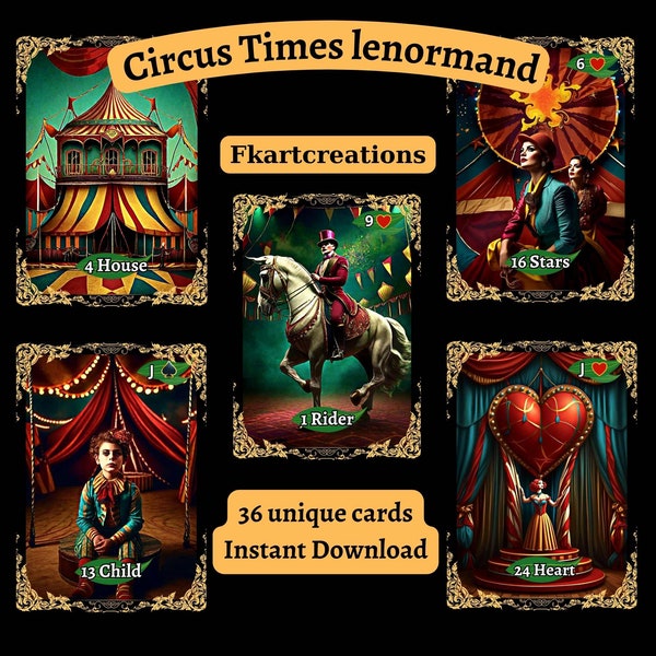 Instant Download Cards The Circus Times Lenormand Deck:Digital Art of 36 Cards A4 Oracles,Circus Vintage Aesthetics,Print at Home,Tarot Love