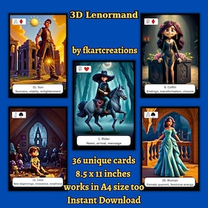 Instant Download Print at Home het originele 3D-esthetische digitale Lenormand-deck Levendige, afdrukbare en intuïtief symbolische kaarten, trefwoorden