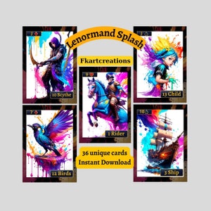 Karty do natychmiastowego pobrania, Splash Enchantment Lenormand: Żywa podróż do wróżenia Cyfrowy wydruk artystyczny w domu Unikalny styl Idealny prezent DIY