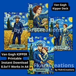 May include: A digital art print of a Van Gogh Kipper Deck. The deck features images inspired by Van Gogh's style, including a man with a cane, a woman with a fan, and a couple. The text includes "Leading Man", "Leading Woman", "Marriage", and "Romance".