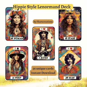 Download direct het Lenormand-deck in hippiestijl, ervaar Woodstock Magic, vintage leeskaarten jaren 60, hippie chic, toekomst vertellend, orakels