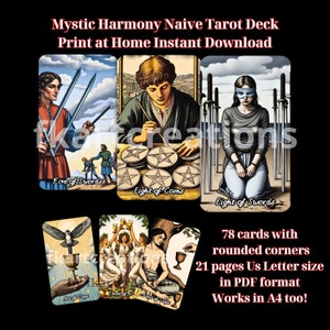 Téléchargement numérique instantané, cartes de tarot naïves harmonie mystique, impression à la maison, art unique, traditionnel et moderne, inspiré du tarot classique, oracles