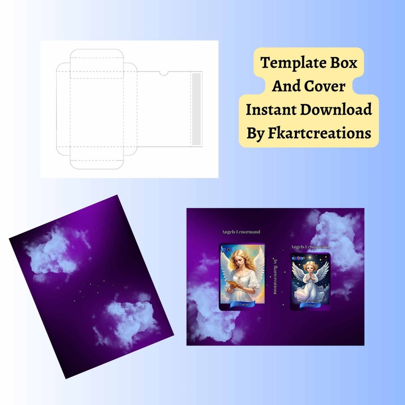 Op de afbeelding: Een printbare sjabloon voor een doos en een deksel met een ontwerp met twee engelkaarten uit het Angels Lenormand deck. De kaarten tonen engelen met vleugels en halo's, een houdt een boek vast en de andere een ster. De achtergrond is een paarse lucht met witte wolken.