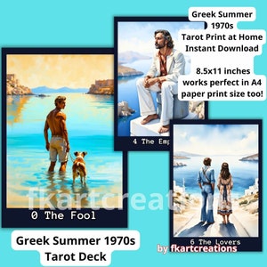 Descarga instantánea del verano griego en la década de 1970 Tarot Deck Imprimible 78 Cartas Mayores Arcanos Menores Imprimir en casa Caja de plantilla PDF digital y portada