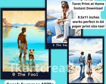 Instant Download the Greek Summer in 1970s Tarot Deck Printable 78 Cards Major Minor Arcana Print at Home Digital PDF Template box & Cover