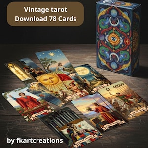 May include: A vintage tarot card deck with 78 cards, featuring colorful illustrations. The box and cards display intricate designs with celestial and symbolic imagery. The text "Vintage tarot Download 78 Cards" is visible.