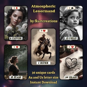 Download instantâneo - baralho Lenormand atmosférico para impressão, 36 cartas, tamanhos A4 e letras dos EUA, imprimir em casa, faça você mesmo, oráculos, artesanato, leitores de tarô, spreads