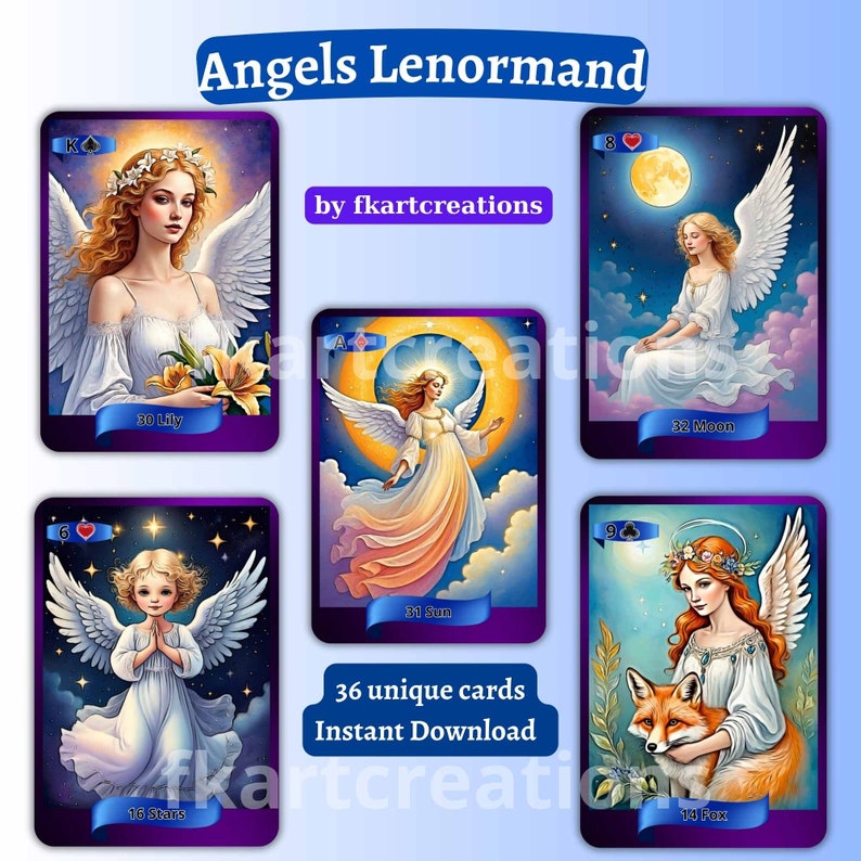Op de afbeelding: Een set van 36 ge&iuml;llustreerde Lenormand-kaarten met engelen. De kaarten zijn in digitaal formaat en beschikbaar voor directe download. De kaarten tonen een verscheidenheid aan engelen met verschillende uitdrukkingen en poses. De kaarten zijn ontworpen met een paars en blauw kleurenschema.