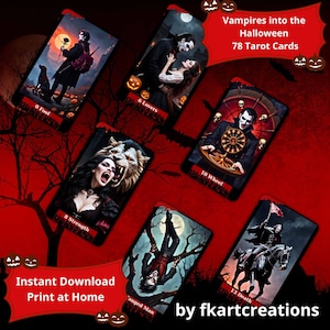 Vampieren in het Halloween-tarotdeck Instant Download afdrukbare DIY 24 pagina's JPEG-formaat 8,5 x 11 inch A4-compatibele sjabloondoos en omslagen