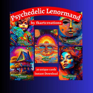 Natychmiastowe pobieranie Wydrukowane karty Psychodeliczny Lenormand Deck Kolorowe obrazy 2D do wróżenia Wydrukuj w domu Unikalne szkice Wyrocznie