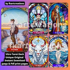 Jeu de tarots vintage en verre teinté 78 cartes imprimable à téléchargement immédiat, jeu de tarots oracles à domicile, fichiers numériques