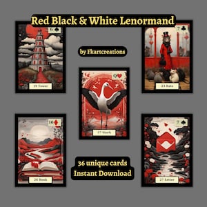 Direct downloaden Lenormand-deck naïeve kunst in rood zwart-wit 36 kaarten digitale zip-bestanden DIY-kaarten Oracle Tarot & Lenormand-lezers