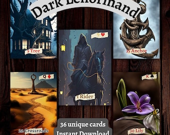 Peut inclure: Un jeu de 36 cartes de Lenormand uniques avec des illustrations d'un arbre, d'un carrefour, d'un cavalier, d'une ancre et d'un lys. Les cartes font partie d'un jeu de Lenormand sombre et sont disponibles en téléchargement instantané.