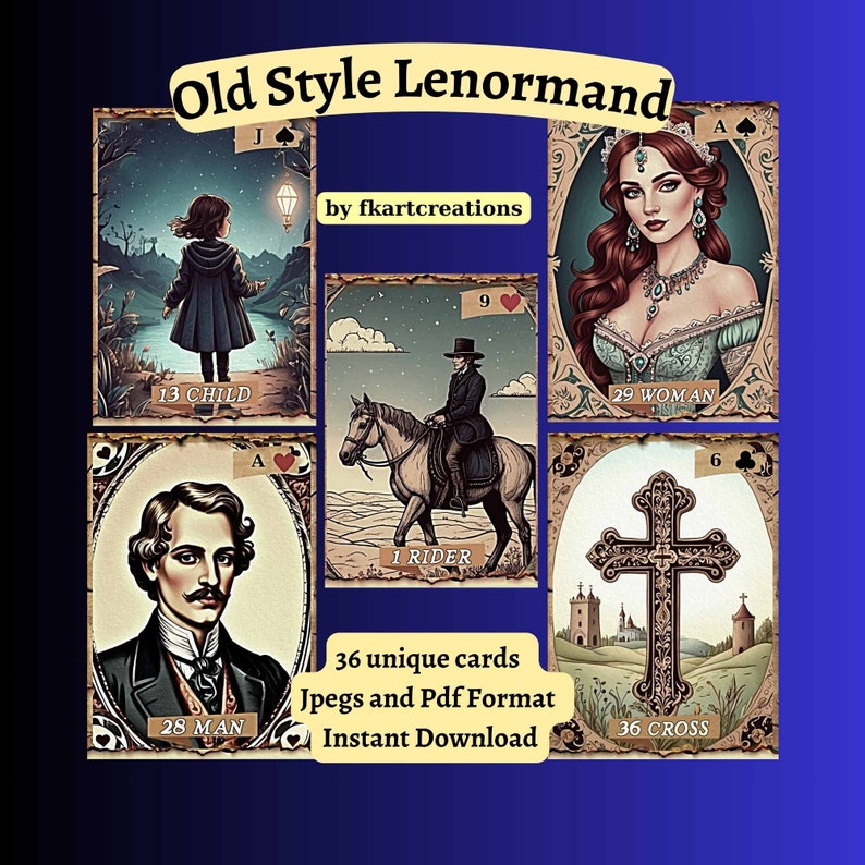 May include: A collection of Old Style Lenormand cards with illustrations. The cards feature images of a child, a man, a rider on a horse, a woman, and a cross. The text on the cards includes "13 CHILD", "28 MAN", "1 RIDER", "29 WOMAN", and "36 CROSS".