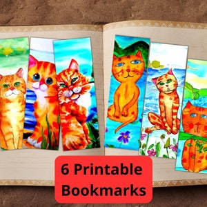 Könnte beinhalten: Sechs druckbare Lesezeichen mit Aquarell-Illustrationen von orangefarbenen Tabby-Katzen in verschiedenen Posen. Die Lesezeichen sind vor dem Hintergrund eines Buches mit linierten Seiten platziert.