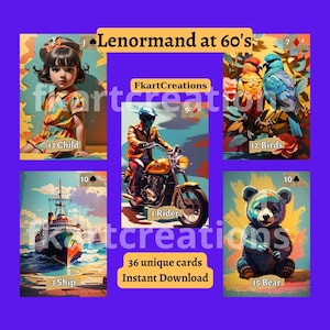 Directe download afdrukbare kaarten Stap in de groovy wereld van de jaren 60 geïnspireerd op Lenormand-decks Thuis afdrukken, DIY Unieke pastelkleurige felle kleuren